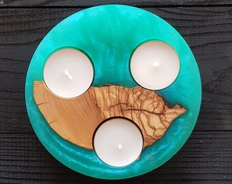 Resin and Olive Wooden Tealight Holder, Candle Holder, Epoxy Tealight Holder, Resin and olive Wooden Wedding Tealight Holder, Christmas Gift