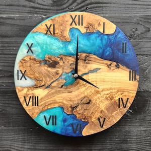 Custom Made Resin & Olive Wood Wall Clock, Made to order Epoxy and Olive Wood Wall Clock, Home gift, Live Edge Rustic Olive Wood Wall Clock
