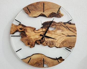 Made To order Transparent Resin & Olive Wood Wall Clock, Glossy Epoxy and Olive Wood Wall Clock, Wood Clock, Live Edge Rustic Clock