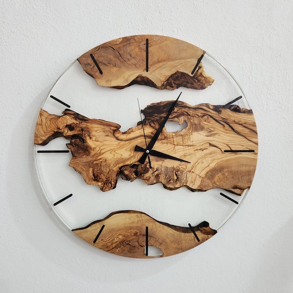 Made To order Transparent Resin & Olive Wood Wall Clock, Glossy Epoxy and Olive Wood Wall Clock, Wood Clock, Live Edge Rustic Clock