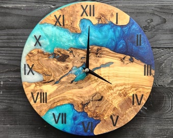 Custom Made Resin & Olive Wood Wall Clock, Made to order Epoxy and Olive Wood Wall Clock, Home gift, Live Edge Rustic Olive Wood Wall Clock