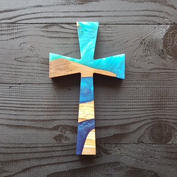 8 "hars en olijf houten muur kruis, muur kruisbeeld, handgemaakte epoxy en houten muur kruis, grote houten muur kruis, doopcadeau, kerstmis