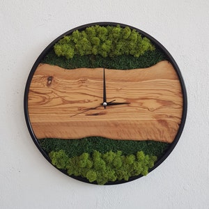 Custom Moss Olive Wood Wall Clock, Metal and Olive Wooden Wall Clock, Olive Wooden Wall Clock & Moss Wall Art, Preserved Stabilized Moss