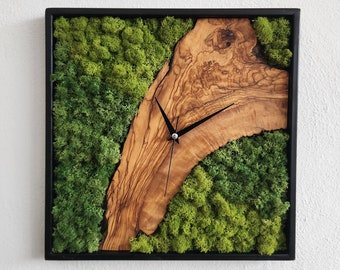 Custom Made Moss and Olive Wood Wall Clock, Metal Frame Moss Wall Decor, Olive Wood and Moss Wall Art- Preserved Stabilized Moss Wall Clock