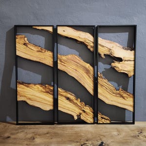 Set of 3 Metal and Wooden Wall Art, 3 Piece Olive Wood Wall Decor, Wall Art, Wood Wall Art, Rustic Wall Art, Live Edge Wood Wall Decor
