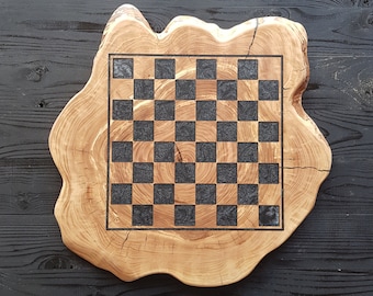 Custom Made Resin and Live Edge Olive Wooden Chess Board, Rustic Chess Board, Natural Form Chess Board, Epoxy resin and Wooden Chess Board