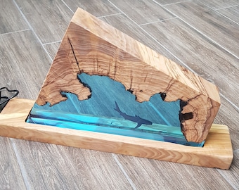 Made to Order Resin & Olive Wood Lamp, Ocean Night Lamp, Sea Animals, ResinArt, Shark, Mood LED Lamp, Ocean theme