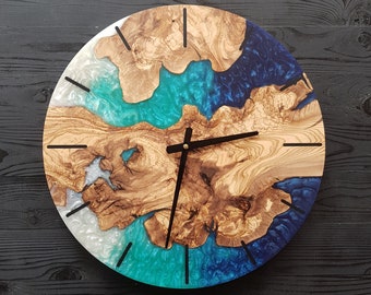 Reloj de pared de resina y madera de olivo hecho a medida, reloj de pared de epoxi y madera de olivo hecho a pedido, regalo para el hogar, reloj de pared de madera de olivo rústico Live Edge