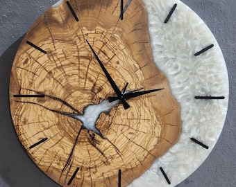 Handmade Olive Wood & White Epoxy Resin Wall Clock – Modern Natural Design