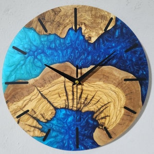 Custom Made Resin & Olive Wood Wall Clock, Made to order Epoxy and Olive Wood Wall Clock, Home gift, Live Edge Rustic Olive Wood Wall Clock