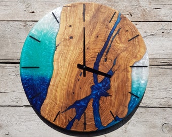 Reloj de pared de resina y madera de olivo de diseño personalizado, reloj de pared de madera de olivo y epoxi, hecho a pedido, reloj de pared de madera de olivo rústico Live Edge