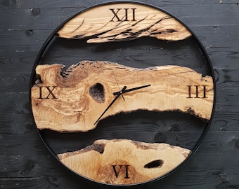 Olive Wood Wall Clock, Farmhouse Clock, Unique Wall Clock, Large Wall Clock, Live Edge Clock, Wooden Wall Art, Gift For Him