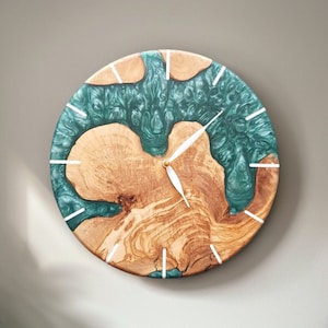 Live Edge Olive Wood Wall Clock: Colorful Epoxy Resin Accent