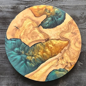 Personalized Olive Wood Charcuterie Board: Gold & Green Resin Inlay