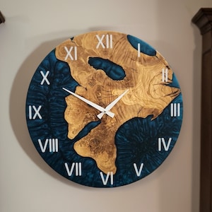 Custom Olive Wood & Turquoise Resin Wall Clock: Live Edge Rustic Decor