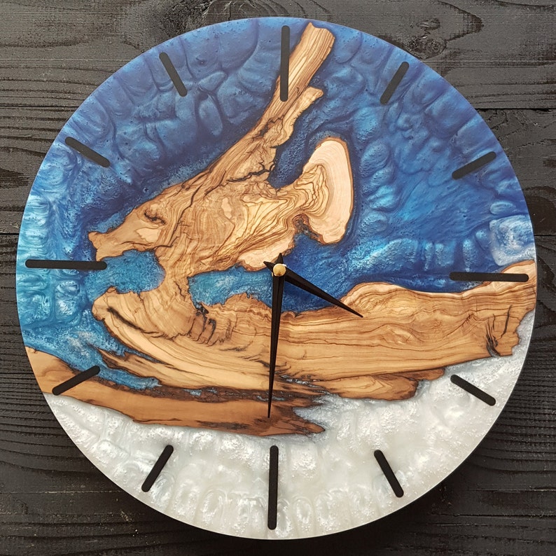 Custom Made Resin & Olive Wood Wall Clock, Made to order Epoxy and Olive Wood Wall Clock, Home gift, Live Edge Rustic Olive Wood Wall Clock image 7