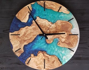 Custom Resin & Olive Wood Wall Clock: Live Edge Rustic Home Decor