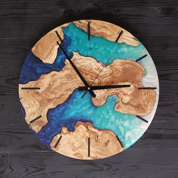 Custom Made Resin & Olive Wood Wall Clock, Made to order Epoxy and Olive Wood Wall Clock, Home gift, Live Edge Rustic Olive Wood Wall Clock