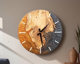 Custom Resin & Olive Wood Wall Clock: Live Edge Rustic Home Decor