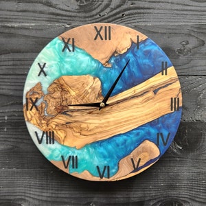Live Edge Olive Wood Wall Clock: Black Resin & Gold Accents