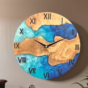 Live Edge Olive Wood Wall Clock: Black Resin & Gold Accents