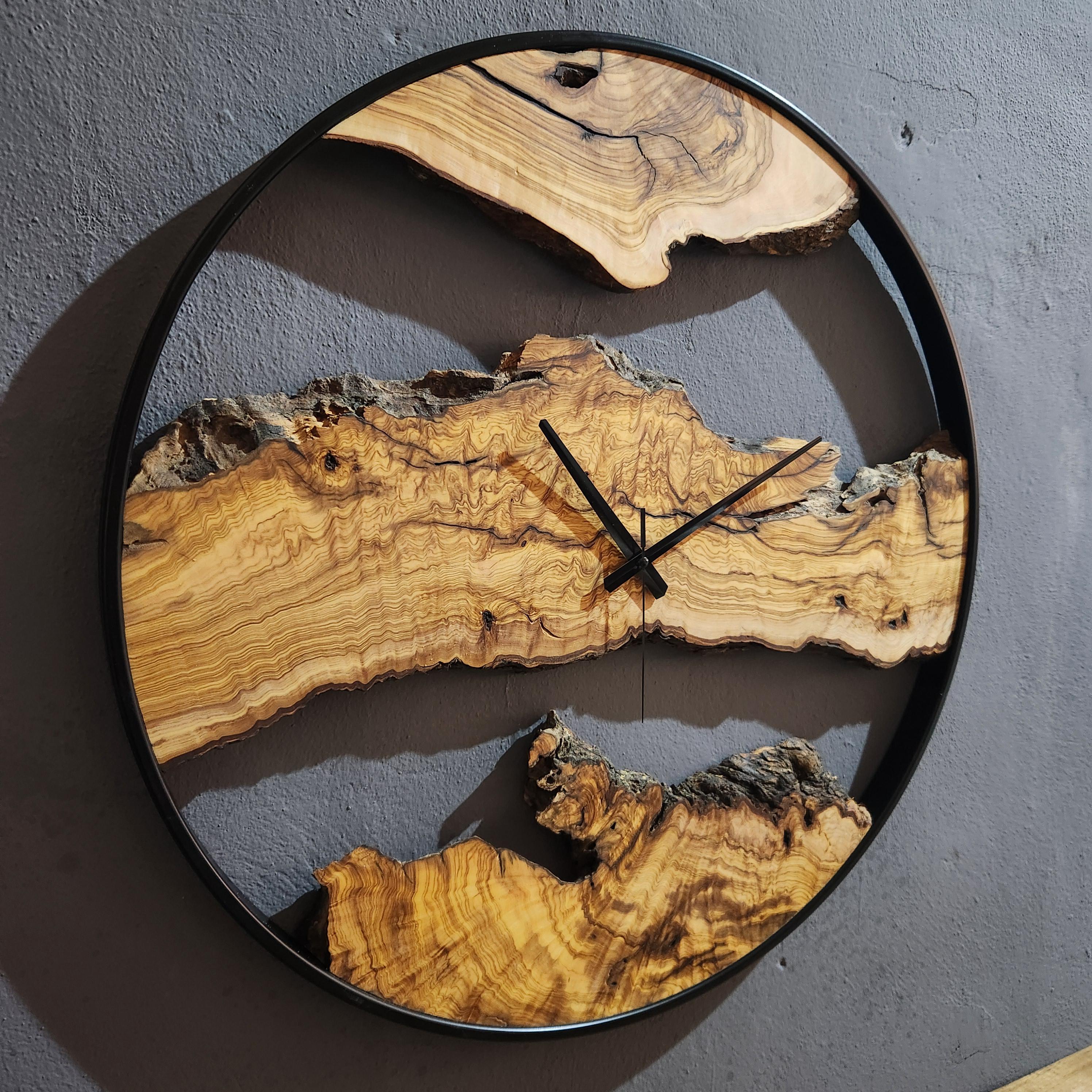 Handmade Olive Wood Wall Clock: Modern Rustic Black Metal Frame - Etsy