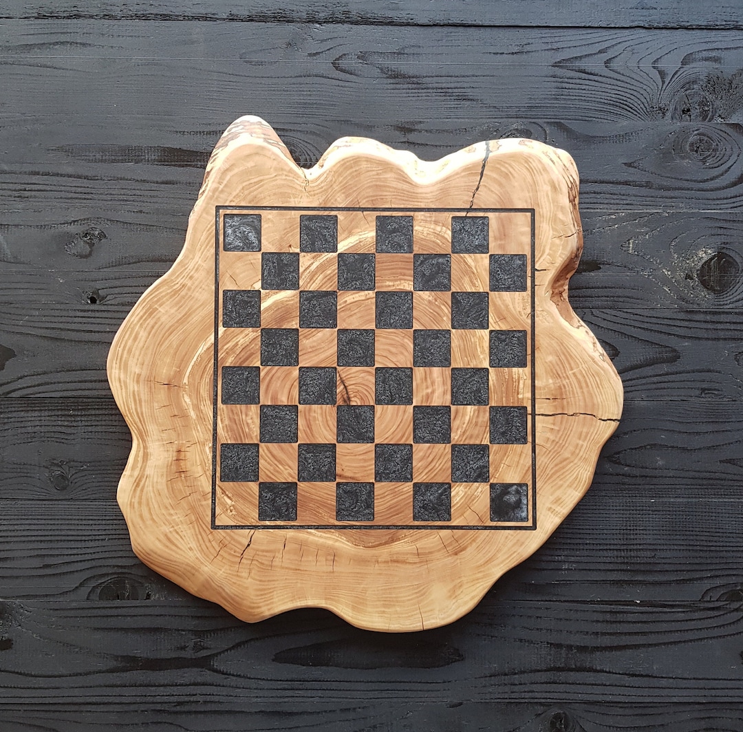 Large Olive wood Chess Board 16 x 16 Rustic Live Edge with 32  hand-crafted chess pieces + handmade Bag for pieces