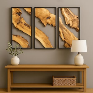 Set of 3 Olive Wood & Metal Wall Art: Rustic Live Edge Decor