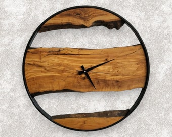 Made to Order Metal & Olive Wood Wall Clock, Wooden Wall Clock, Rustic Wall Clock, Live Edge Wooden Wall Clock, Industrial Metal Wall Clock