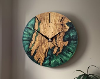 Green Resin Wall Clock, Custom Made Resin & Olive Wood, Made to order Epoxy and Olive Wall Clock, Home gift, Live Edge Rustic Wall Clock