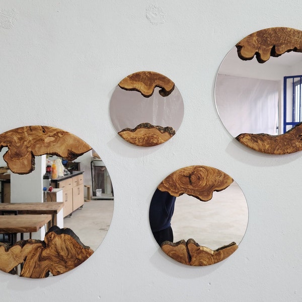 Olive Wood Round Mirror, Custom Order Live Edge Wooden Wall Mirror, Made To Order Mirror, Wall Decor Idea, Natural Design Wooden Mirror