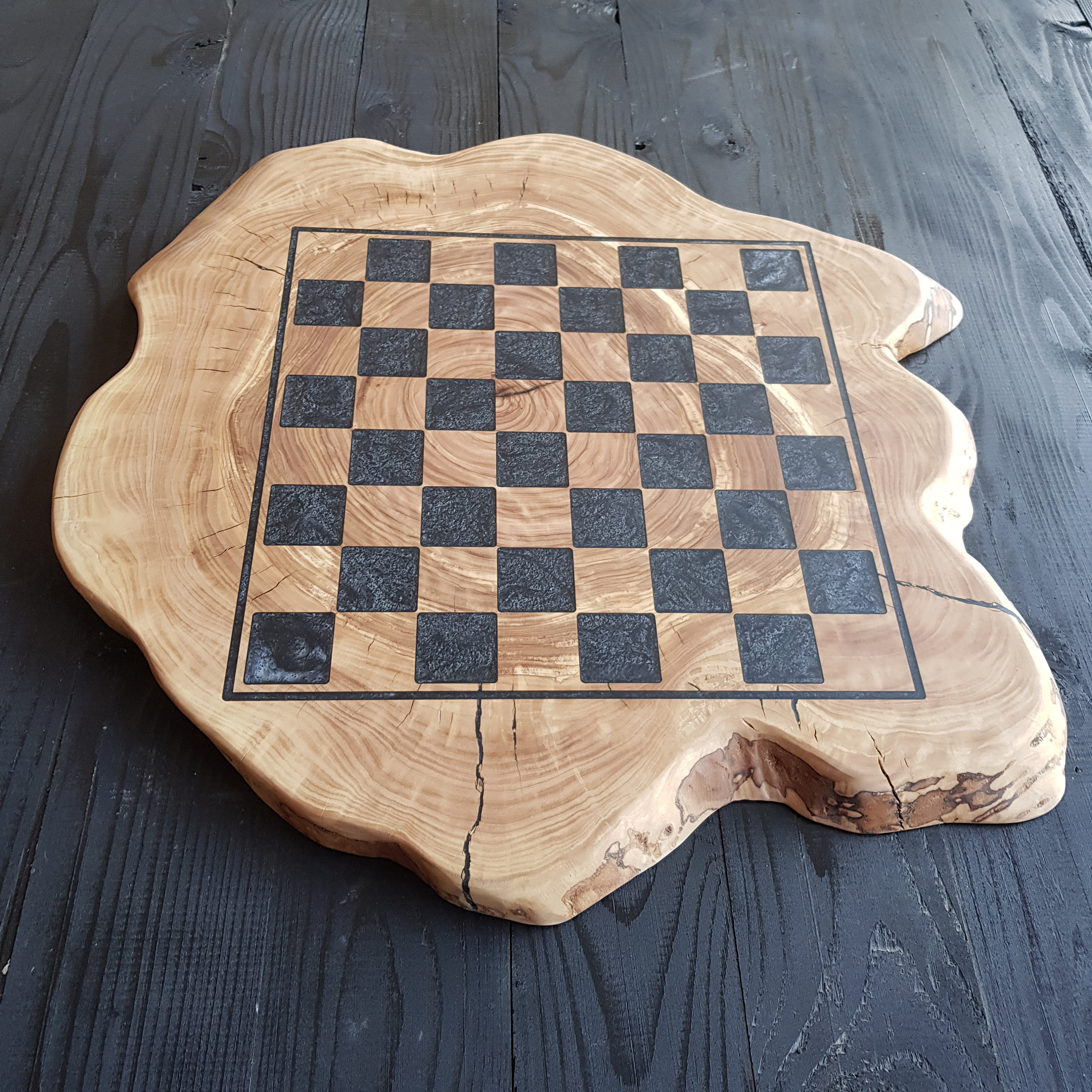 Large Olive wood Chess Board 16 x 16 Rustic Live Edge with 32  hand-crafted chess pieces + handmade Bag for pieces