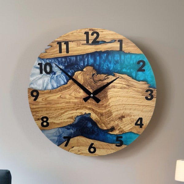 Custom Made Resin & Olive Wood Wall Clock, Made to order Epoxy and Olive Wood Wall Clock, Home gift, Live Edge Rustic Olive Wood Wall Clock