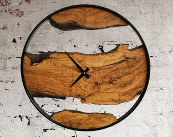 Made to Order Metal & Olive Wood Wall Clock, Wooden Wall Clock, Rustic Wall Clock, Live Edge Wooden Wall Clock, Industrial Metal Wall Clock