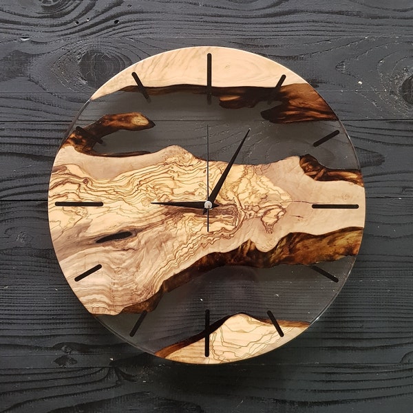 Reloj de pared de resina y madera de olivo hecho a medida, reloj de pared de epoxi y madera de olivo hecho a pedido, reloj de madera, resina transparente rústica de borde vivo