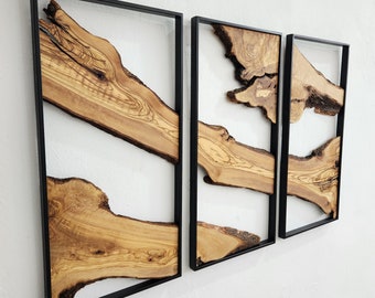 Set of 3 Metal and Wooden Wall Art, 3 Piece Olive Wood Wall Decor, Wall Art, Wood Wall Art, Rustic Wall Art, Live Edge Wood Wall Decor