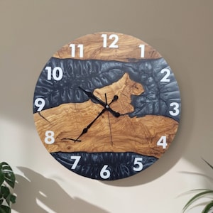 Custom Design Resin & Olive Wood Wall Clock, Epoxy and Olive Wood Wall Clock, Made to order, Live Edge Rustic Olive Wood Wall Clock