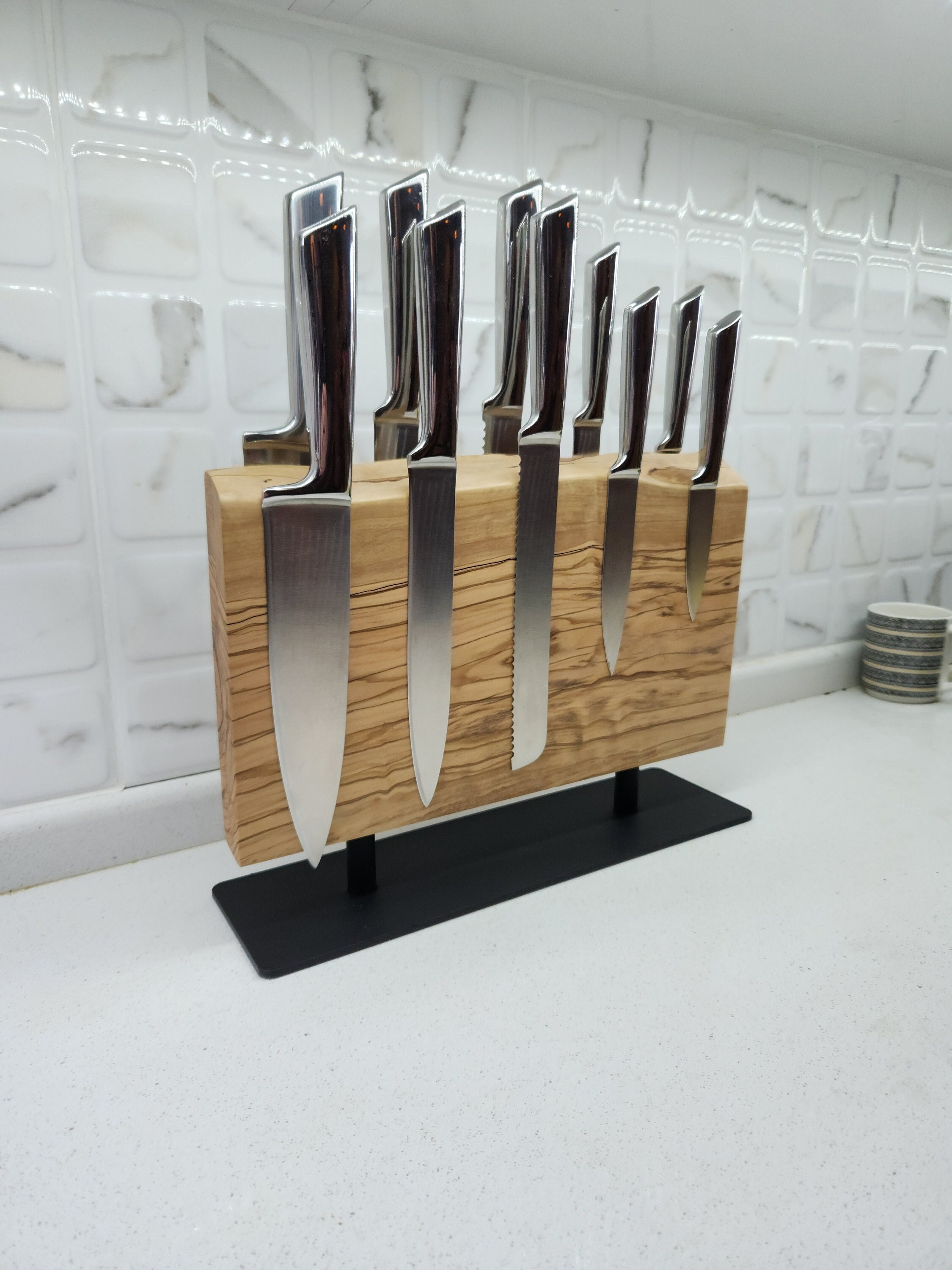 Double-Sided Magnetic Knife Block(Natural Bamboo),Knife Holder,Knife Block  with Strong Magnets,Cutlery Display Stand and Storage Rack,Large Capacity