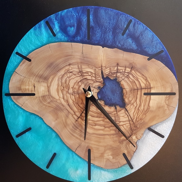 Epoxy Resin & Olive Wooden Wall Clock, Live Edge Wall Clock, Epoxy Wall Clock, Wooden Wall Clock, Olive Wood Wall Clock, Home Gift, Unique