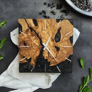 Custom Square Olive Wood & Resin Wall Clock: Live Edge Rustic Decor