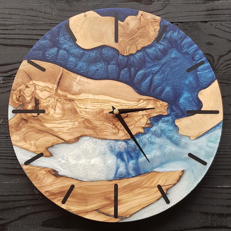 Custom Made Resin & Olive Wood Wall Clock, Made to order Epoxy and Olive Wood Wall Clock, Home gift, Live Edge Rustic Olive Wood Wall Clock image 8