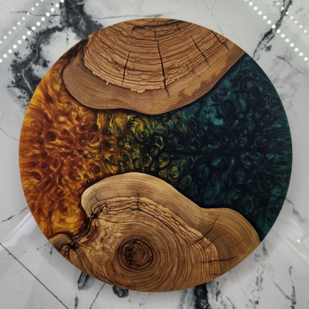 Olive Wood and Resin Charcuterie Board Round, Handmade Serving Plate ...