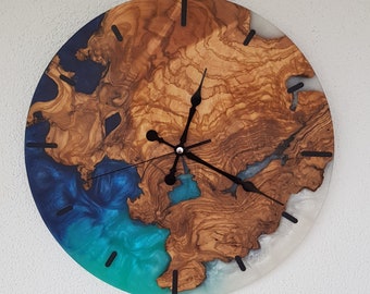 Custom Made Resin & Olive Wood Wall Clock, Made to order Epoxy and Olive Wood Wall Clock, Epoxy and Wooden Wall Clock, Unique Handmade Gift