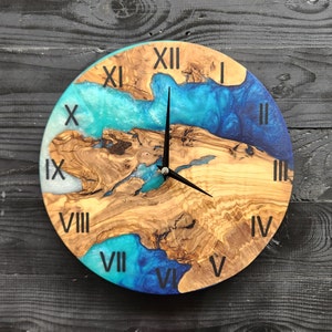 Wall Clock, Live Edge Rustic Olive Wood Wall Clock, Colorfull Wall Clock, Large Wall Clock, Custom Made Resin & Olive Wood Clock