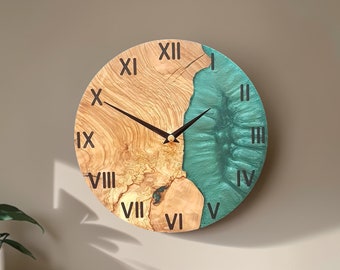 Reloj de pared de resina y madera de olivo hecho a medida, reloj de pared de epoxi y madera de olivo hecho a pedido, regalo para el hogar, reloj de pared de madera de olivo rústico Live Edge