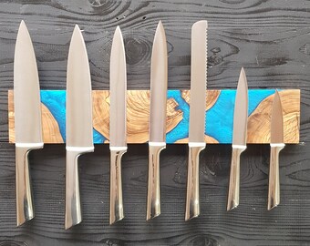 Magnetic Knife Rack For 7 Knives, Resin and Olive Wooden Knife Holder, Epoxy and Olive Wood Knife Bar, Knife Block, Knife Storage For Wall