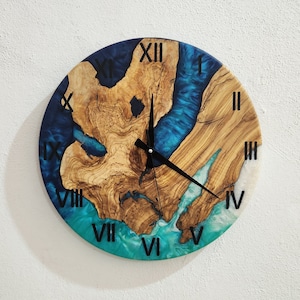 Wall Clock, Custom Made Resin & Olive Wood, Made to order Epoxy and Olive Wood Wall Clock, Home gift, Live Edge Rustic Olive Wood Wall Clock