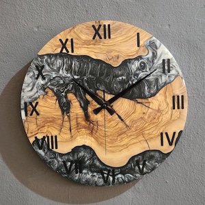 Black & White Epoxy Resin Olive Wood Wall Clock - Live Edge Design