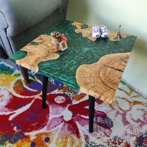Custom Olive Wood & Resin Coffee Table: Live Edge Epoxy Side Table