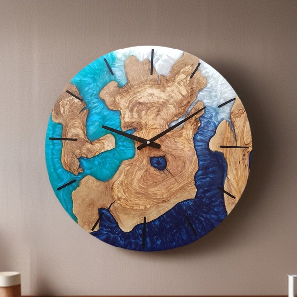 Custom Made Resin and Olive Wood Wall Clock, Made to order Epoxy and Olive Wood Wall Clock, Home gift, Live Edge Rustic Wooden Wall Clock